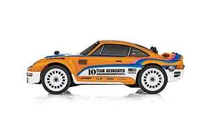 Side profile of the Team Associated RC24 Zoom RC rally car featuring orange body, white multi-spoke wheels, and sponsor decals.