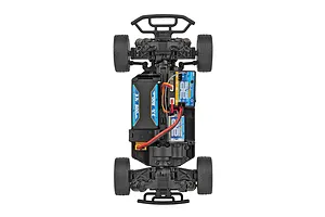 Top down studio view of the internal chassis layout of the Team Associated RC24 Zoom RC rally car, showing electronics, battery, and suspension components.