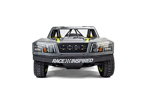 Front view of the Losi 5IVE-TG 3.0 1/5 Scale RC Short Course Truck in grey with KMC Wheels branding against a white background.