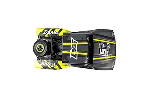 Top-down studio shot of the Losi 5IVE-T 3.0 RC short course truck featuring a black and yellow livery against a white background.