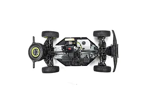Top-down studio view of the Losi 5IVE-TG 3.0 RC truck chassis showing internal petrol engine, fuel tank, and suspension components.