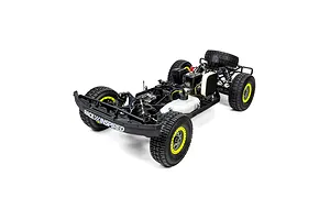High-angle studio shot of the Losi 35.2cc 5IVE-TG 3.0 RC short course truck chassis without a body shell against a white background.