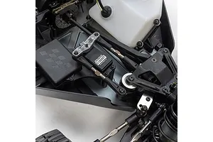 Top-down view of the internal chassis layout of the Losi 5IVE-T RC truck showing the Spektrum servo, linkages, and fuel tank.