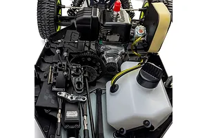 Close-up overhead view of the internal chassis layout of the Losi 35.2cc petrol RC truck showing engine, fuel tank, and servo.