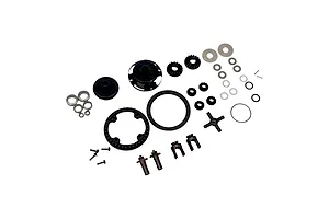 RC Maker Complete Gear Differential Set components laid out on a white background, showing gears, housing, bearings, and hardware.