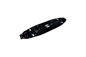 RC Maker black aluminium main RC car chassis plate featuring pre-drilled mounting holes and cutouts on a white background.