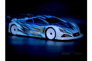 RC Maker SP2 EP RC Touring Car painted in white, blue, and black livery with white wheels on a dark background.