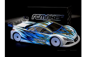 RC Maker SP2 EP RC Touring Car 1/10 scale kit with custom blue, black, and white painted body shell and box in background.