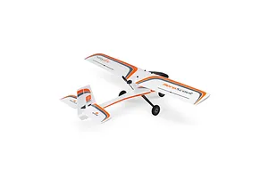 Studio shot of the HobbyZone AeroScout S 2 RC trainer plane viewed from rear, showing white, orange, and grey trim.
