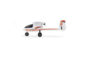 Side profile view of the HobbyZone AeroScout S 2 RC trainer plane, featuring white foam construction with orange and grey trim.