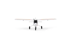 Front view of the HobbyZone AeroScout S 2 RC trainer plane, showing its white foam fuselage, tricycle landing gear, and high-wing design.