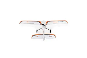 Top down rear view of the HobbyZone AeroScout S 2 RC trainer plane showing its white, orange, and grey color scheme and tricycle landing gear.