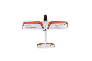 Top-down studio shot of the HobbyZone AeroScout S 2 RC airplane showing its white foam wing, orange trim, and fuselage.