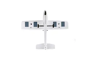 Bottom-up studio view of the HobbyZone AeroScout S 2 RC plane showing white foam wings, fuselage, landing gear, and control linkages.