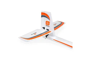 Close-up studio view of the white foam tail section, vertical stabilizer, and horizontal stabilisers of the HobbyZone AeroScout S 2 RC plane with orange and grey decals.