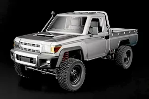Studio shot of silver MN Model Toyota LC79 Pro RC rock crawler electric 4WD truck against a dark background.