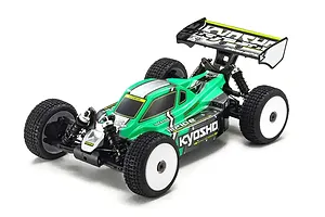 Studio product shot of the Kyosho Inferno MP10e 1/8 scale electric brushless 4WD RC buggy in green with white wheels.