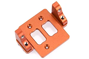 An orange anodized aluminium servo mount for an RC vehicle, featuring a flat plate with two rectangular cutouts and two upright mounting brackets.