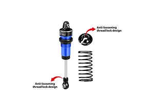 GPM Racing aluminium adjustable RC shock absorber components in blue and black with text callouts on a white background.