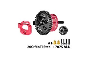 GPM Steel &amp; Aluminium Complete 38T 32dp/0.8Mod Centre Differential &amp; 15T Pinion Gear with Motor Plate - Red