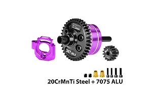GPM Steel &amp; Aluminium Complete 38T 32dp/0.8Mod Centre Differential &amp; 15T Pinion Gear with Motor Plate - Purple