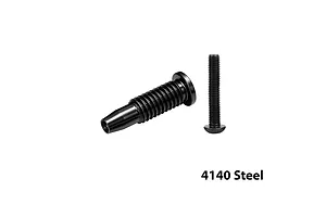 GPM steel steering bell crank post support screw in black, featuring threaded components and text reading 4140 Steel.