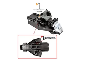 Installation diagram showing the placement of the GPM steel steering bell crank post support screw on an RC chassis component.
