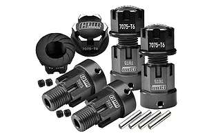 GPM aluminium wheel hex adaptor set in black, showing hex adaptors, wheel nuts, pins, and grub screws.