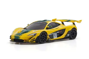 Kyosho Mini-Z McLaren P1 GTR RC car in yellow and green livery with race number 51, shown on a white background.