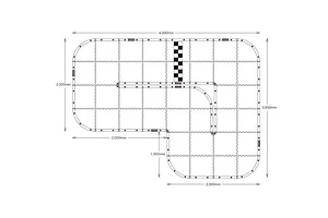 Top-down layout diagram of the Kyosho Mini-Z Carpet Track 50 Basic Set showing dimensions and layout configuration.
