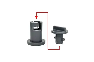 Close-up studio view of two grey plastic connectors with a red instruction arrow illustrating assembly.