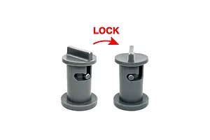 Close-up diagram of two gray plastic track locking pins demonstrating the lock mechanism with a red arrow and text.