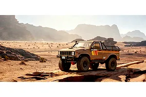 RGT Pioneer V2 Pro 1/10 scale RC rock crawler truck driving on a rocky desert landscape.