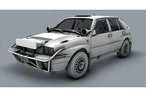 Monochrome studio render of the Italeri 1/12 Lancia Delta Integrale Safari 16V model car showing front brush guards and rally modifications.