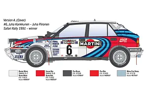 Illustration showing side profile of Lancia Delta Integrale rally car with Martini livery and paint color guides below.