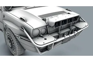 3D digital render showing a close-up of the front end and Safari style bull bar of a Lancia Delta model kit in white.