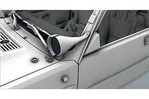 Close-up render of the Italeri Lancia Delta model kit showing the front windshield wiper, side mirror, and interior bucket seats.