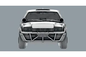 Front view of an unpainted 3D render of the Italeri Lancia Delta Integrale Safari model car kit against a solid grey background.