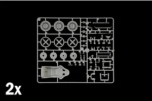 Grey plastic model kit parts sprue featuring wheels, brake discs, and a bucket seat with a 2x indicator.