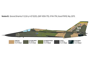 Colour profile illustration for Version B of the Italeri F-111A Aardvark model showing camouflage scheme and paint color references.