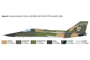 Colour and marking profile diagram for Version C General Dynamics F-111A model kit, showing camouflage pattern and paint color swatches.