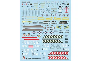 Model kit decal sheet for Italeri 1/72 F-111A Aardvark showing common parts, insignia, numbers, and stripes on a blue backing.