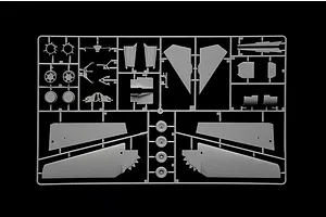 Grey plastic model kit sprue showing wings, wheels, and aircraft parts against a black background.
