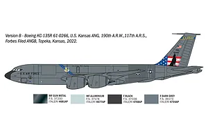 Profile illustration of a Boeing KC-135R Stratotanker military aircraft with Kansas Air National Guard markings, accompanied by paint color swatches.