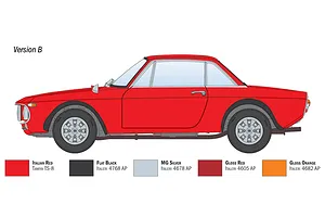 Illustration showing a side profile of a red Lancia Fulvia model car Version B with paint reference swatches below.