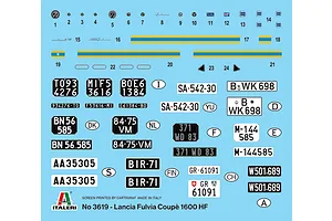 Water slide decal sheet for the 1/24 scale Italeri Lancia Fulvia Coupe 1600 HF model kit, showing numbers, stripes, and license plates.