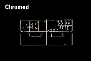 Sprue of chromed plastic model car parts on a black background with the text Chromed in the top left corner.