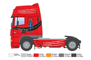 Illustration showing a profile view of the red DAF XF 95 Super Space Cab semi truck model with Lady Cat decals and paint reference swatches.