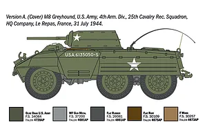 Colour profile illustration of an M8 Greyhound military vehicle in olive drab with paint swatches displayed underneath.