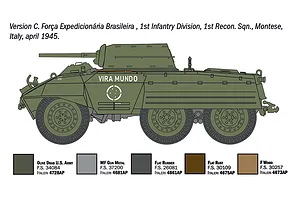 Colour profile diagram of an M20 armored car showing paint colour swatches for the Brazilian Expeditionary Force in April 1945.